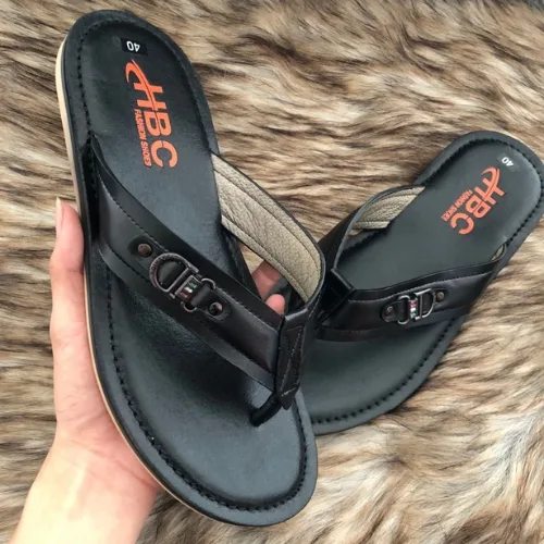 HBC men's flip flops, black, high quality leather, model 103